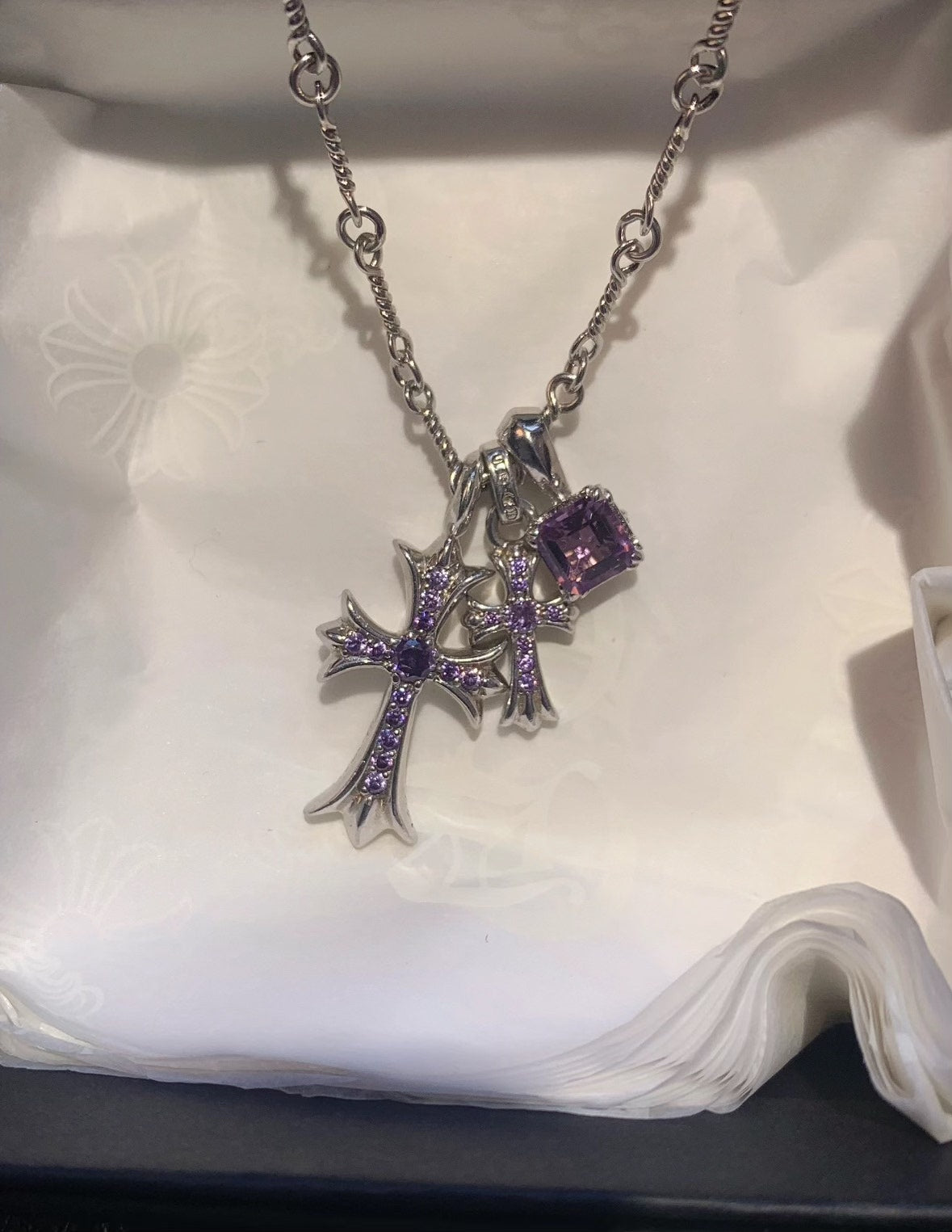 Chrome Hearts purple diamond sugar cube cross necklace