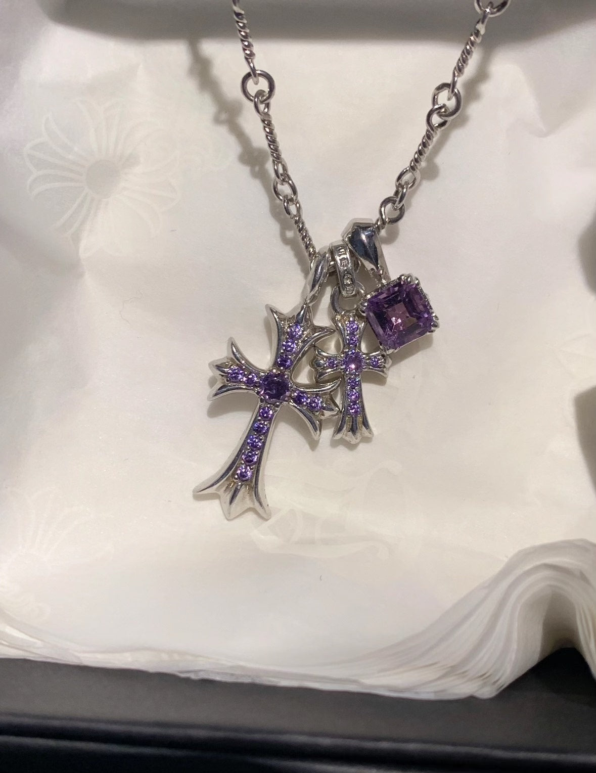 Chrome Hearts purple diamond sugar cube cross necklace