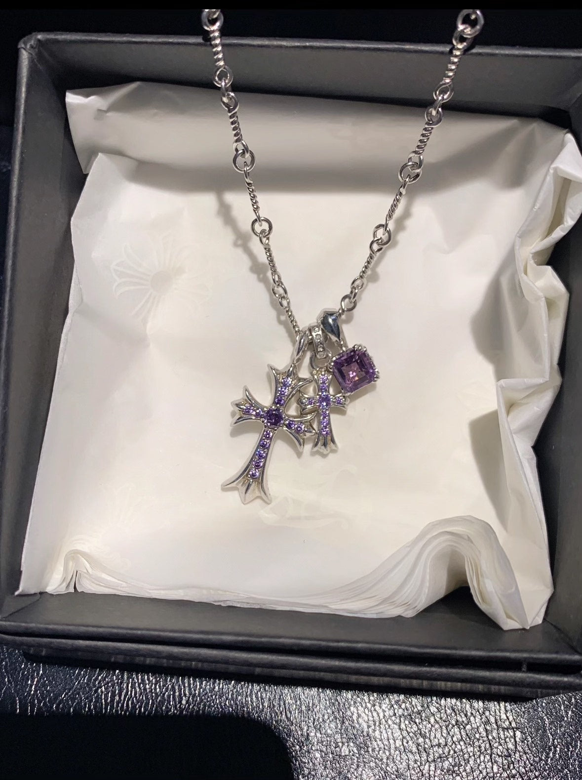 Chrome Hearts purple diamond sugar cube cross necklace