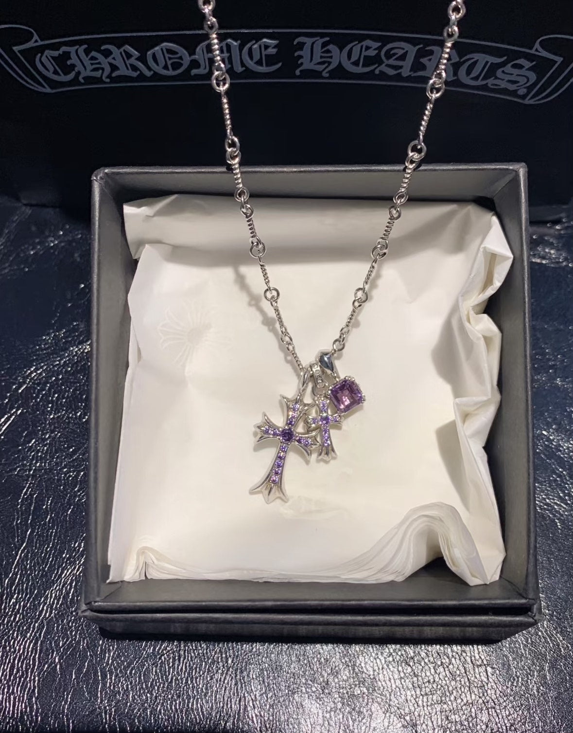 Chrome Hearts purple diamond sugar cube cross necklace