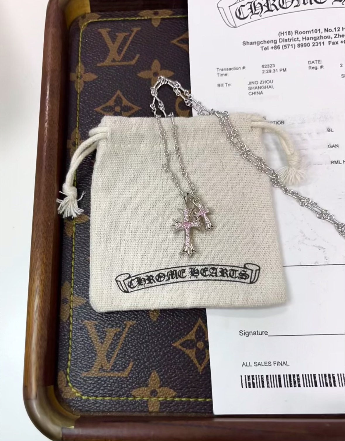 Chrome Hearts pink diamond double cross necklace