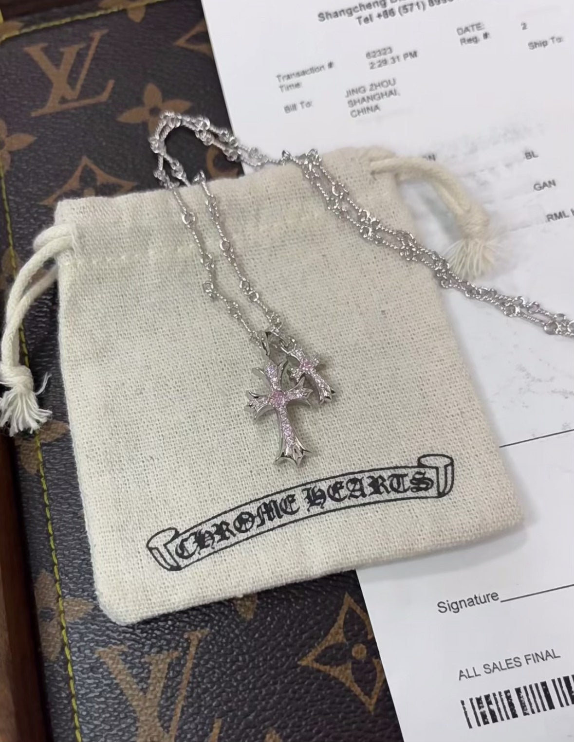 Chrome Hearts pink diamond double cross necklace
