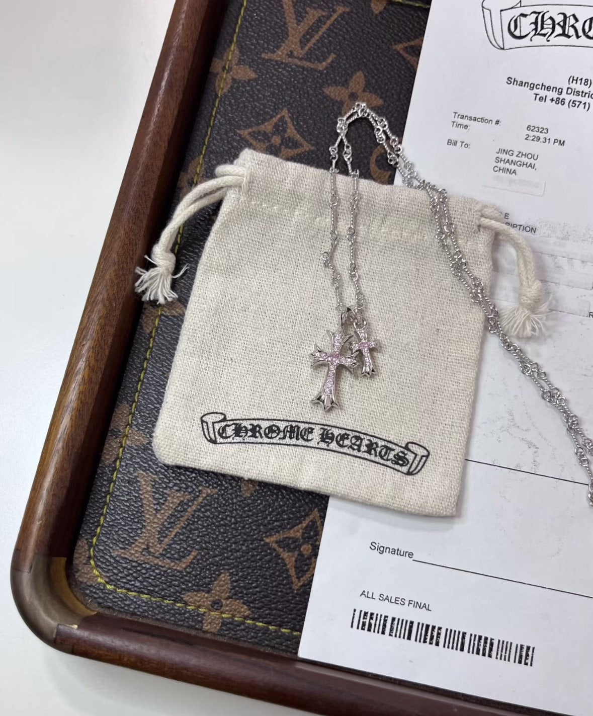 Chrome Hearts pink diamond double cross necklace
